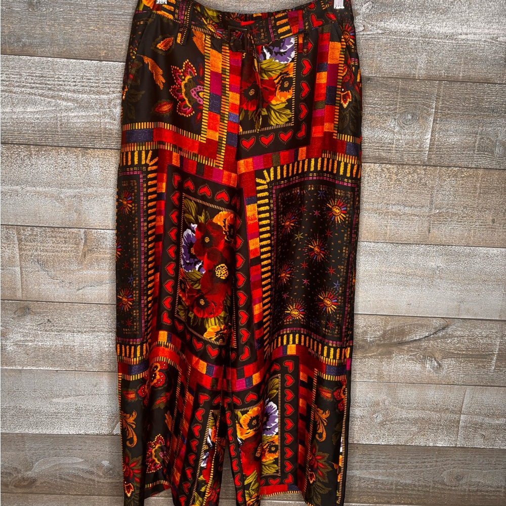 Joie Wide Leg Pants in Black with Red, Orange & Yellow Floral Patchwork
